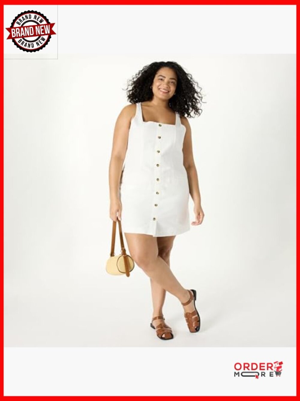 Button Down Linen Mini Dress A-Line Sleeveless Regular Fit - Picture 7 of 7